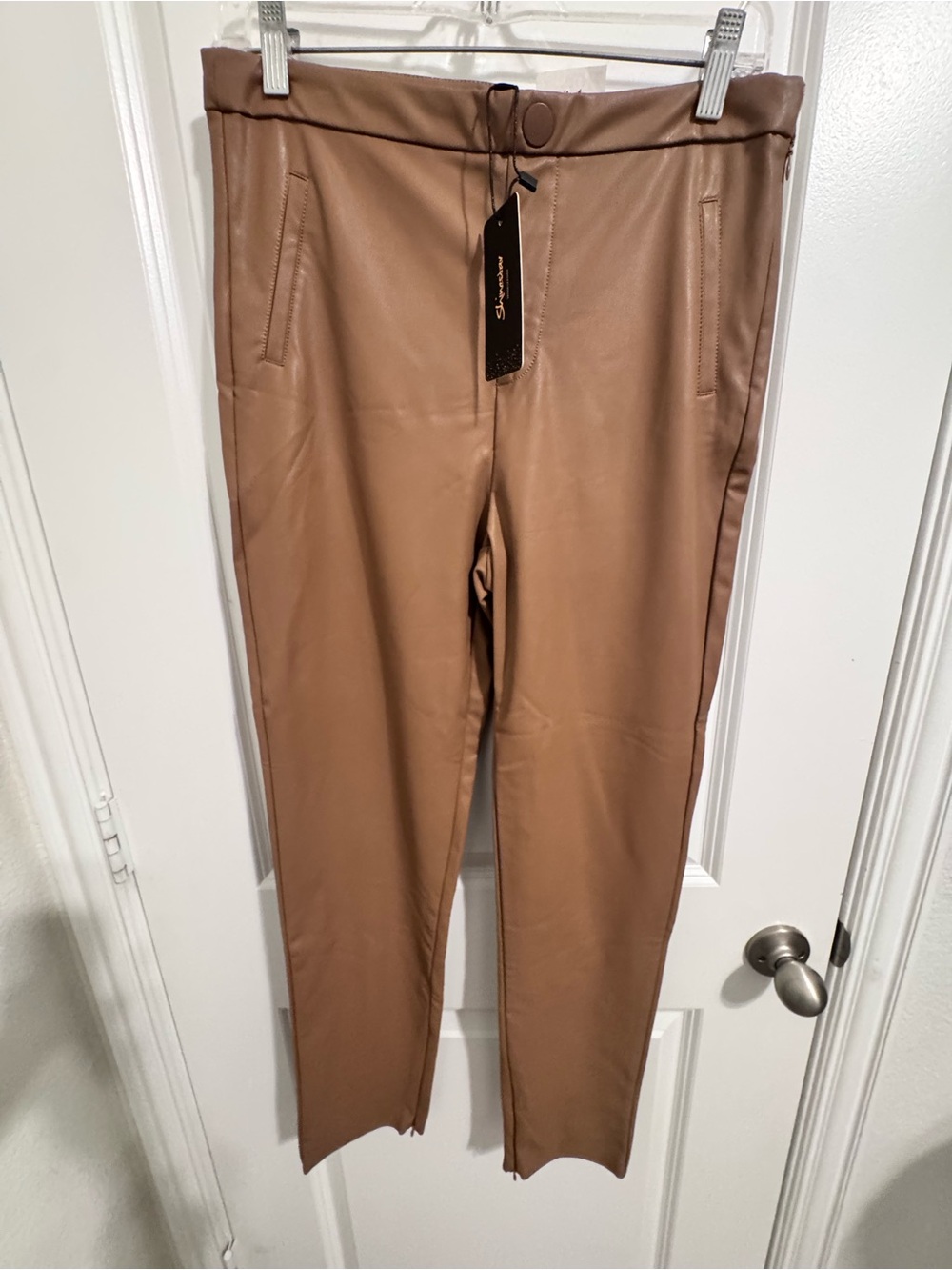 Faux new Leather Slim Ankle Pants in Brown